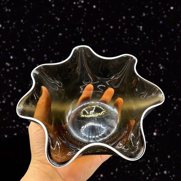 Czech Art Glass Handkerchief Bowl Smokey Olive Green White Ruffles Bohemian 3”T - Picture 4 of 12